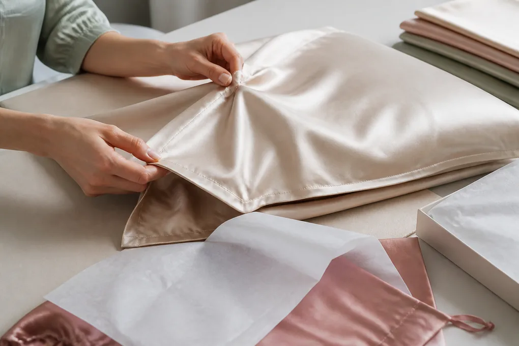 Finished silk pillowcase checked for seam, shade and fold before plain protective pack preparation
