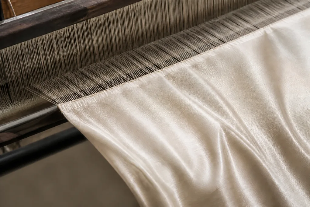 Close view of smooth silk warp and newly woven fabric passing through an unbranded loom section