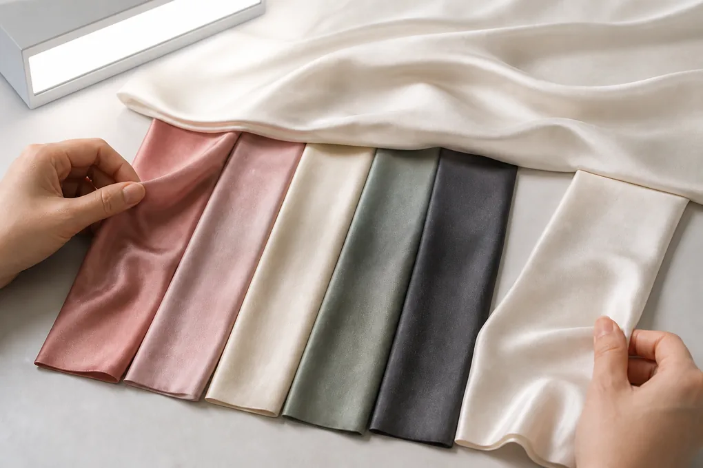 Dyed silk swatches compared under a neutral daylight lamp beside an undyed silk reference