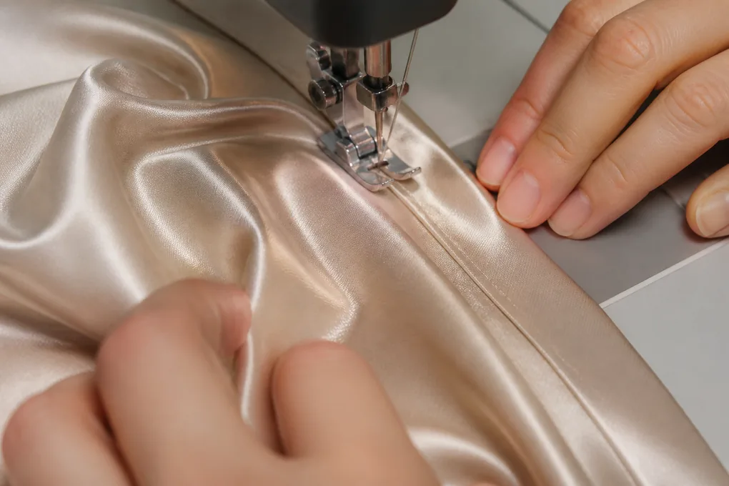 Close view of a silk seam guided beneath an unbranded sewing-machine presser foot with cropped hands
