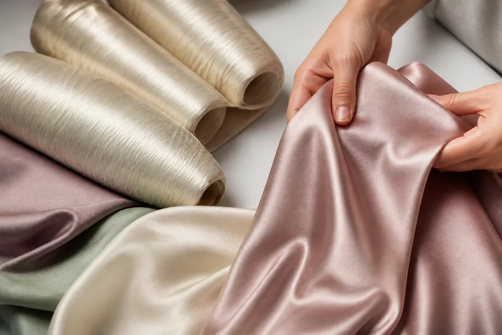 Lustrous silk filament packages and smooth woven silk handled together on a clean preparation table