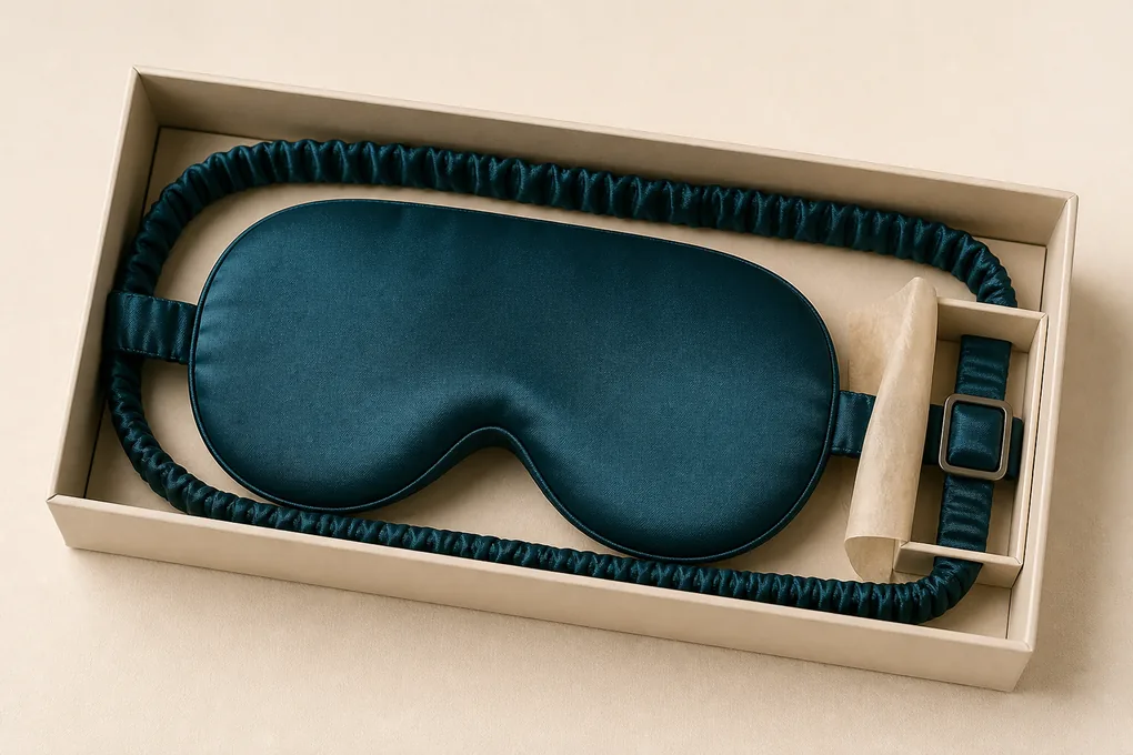 An adjustable mask packed so the neutral slider is isolated from the silk face inside a plain box
