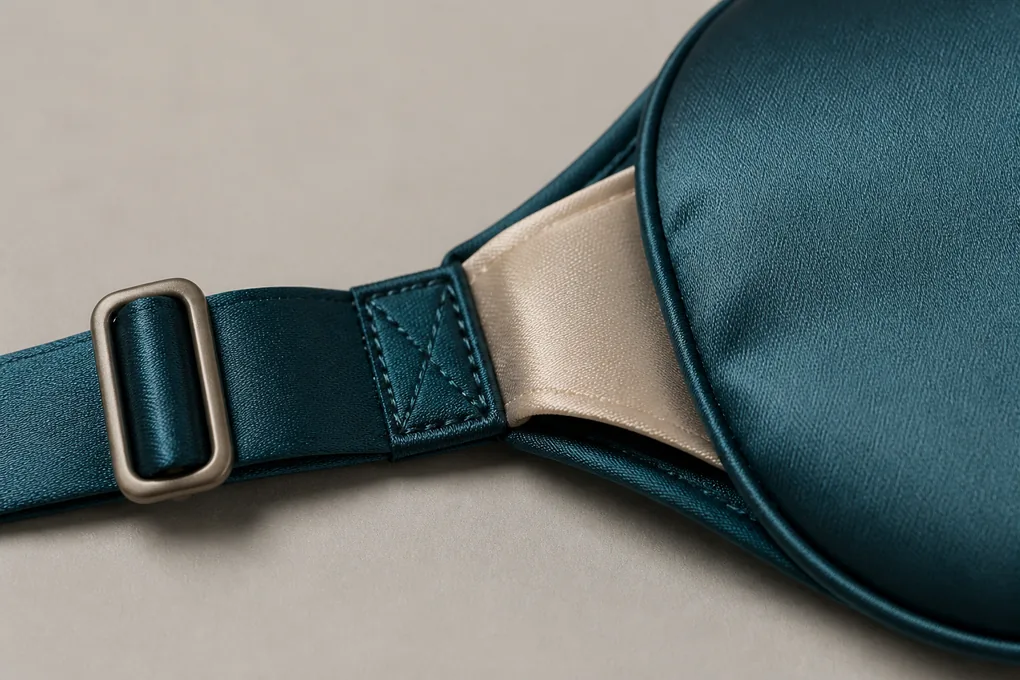 Macro view of smooth strap, neutral hardware, reinforced attachment and protective silk contact layer