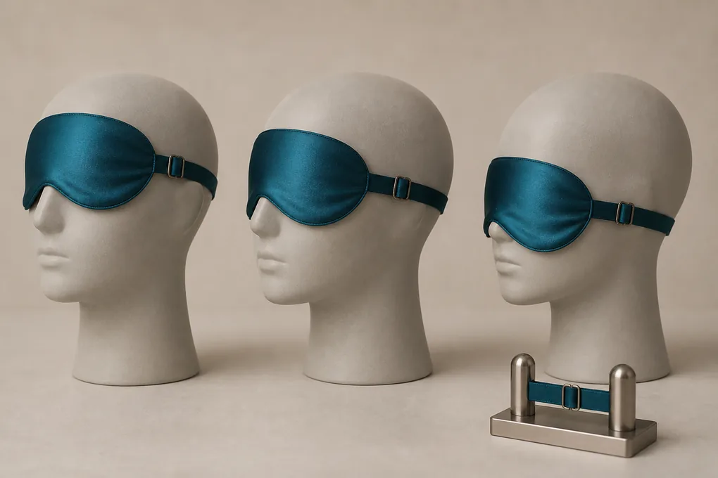 One mask adjusted to three strap lengths on neutral forms beside a simple text-free cycle-testing arrangement