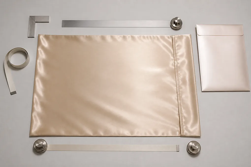 Classic silk pillowcase sample with a measurement sheet and product brief