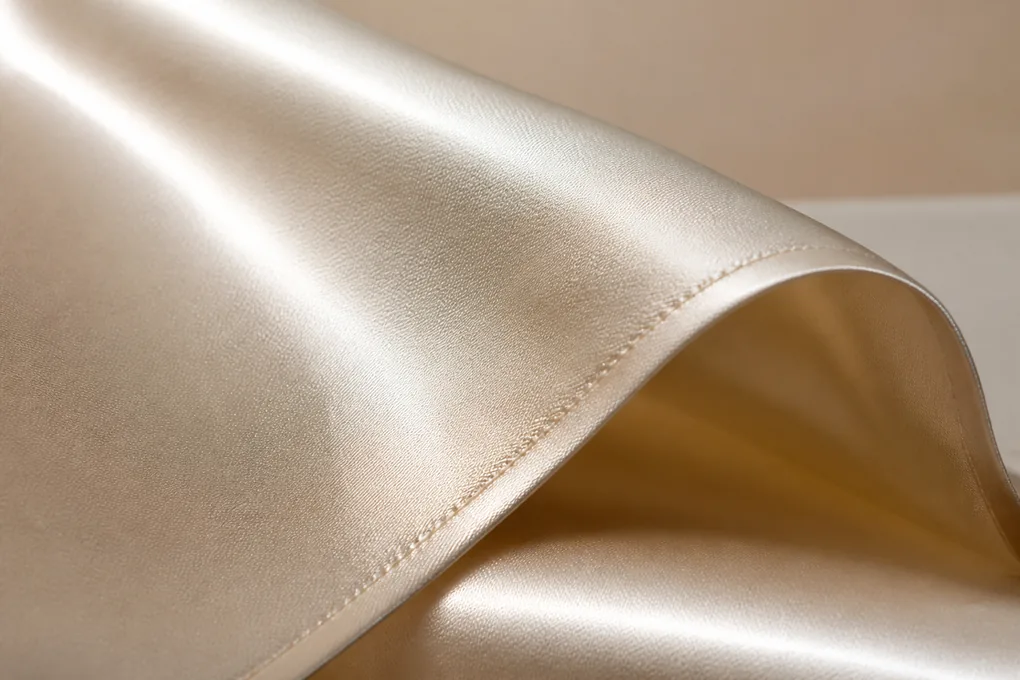 Close view of silk pillowcase corner seams and a balanced finished edge