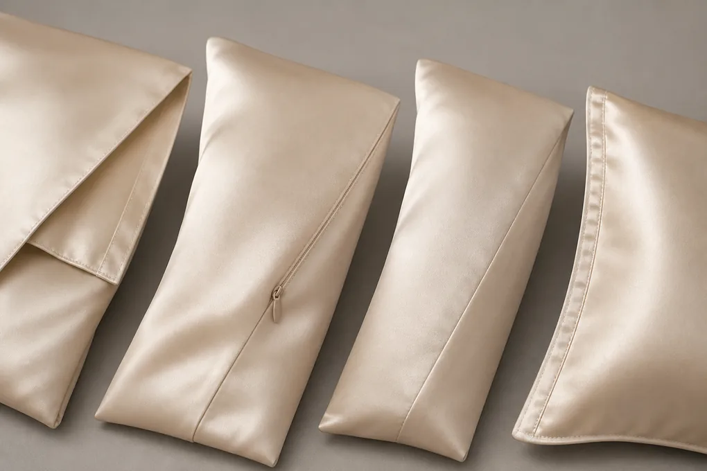 Smooth silk pillowcase surface shown with a solid-color swatch for product review