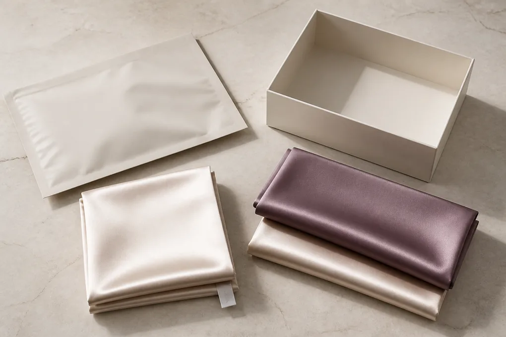 Folded silk pillowcase placed with a simple product card and protective wrap