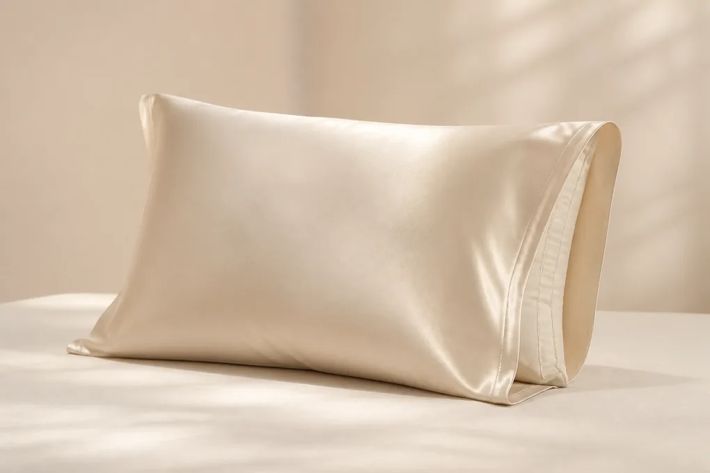 Classic silk pillowcase on a filled pillow with a smooth solid-color surface