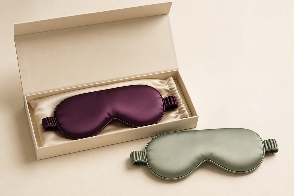 A classic mask nested in a plain pouch and small gift box beside one spare color variant