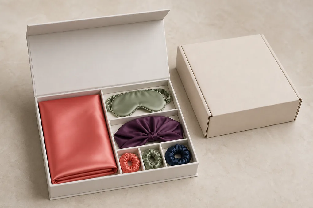 Mixed silk accessory set arranged in dedicated gift-box compartments