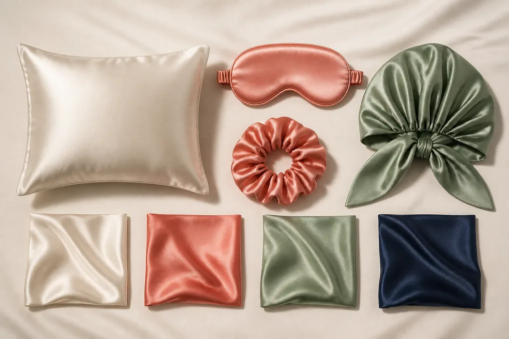 Smooth silk swatches and accessory components arranged by shared material direction and coordinated shade