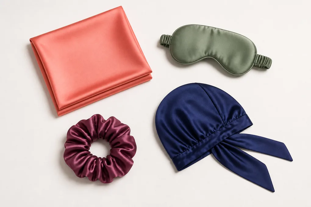 Four silk accessory samples reviewed together in a coordinated assortment layout