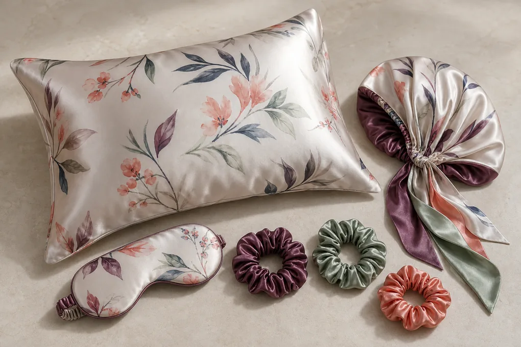 A coordinated lineup of silk pillowcase, sleep mask, scrunchies, and bonnet in a shared color family