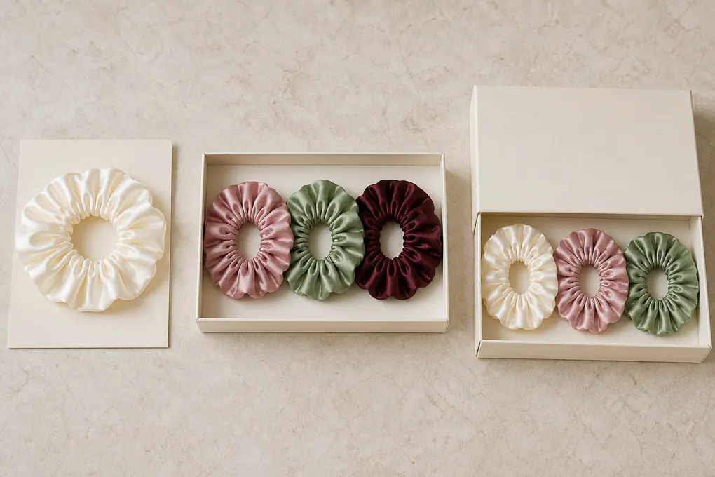 B2B review of a five centimeter silk scrunchie sample and product brief