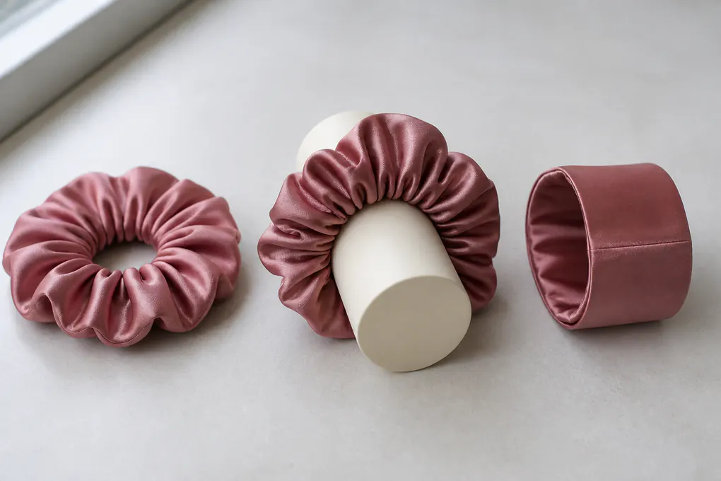 Silk scrunchie casing and gathered seam detail