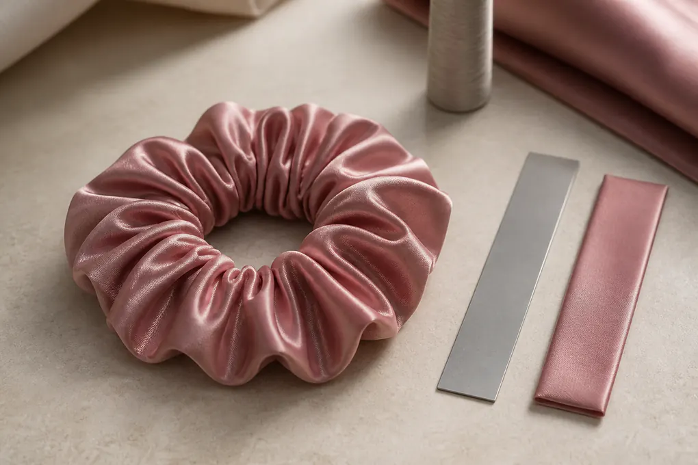 Five centimeter silk scrunchie with an evenly gathered visible band