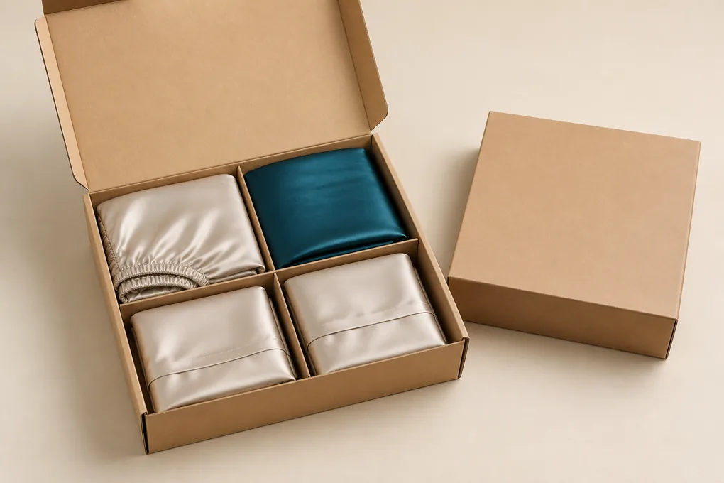 Four folded silk components nested in a plain set box with visible count control and an unmarked master carton