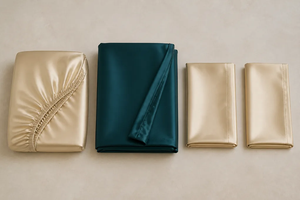 The fitted or flat sheet, duvet cover and two pillowcases folded separately in a top-down component layout
