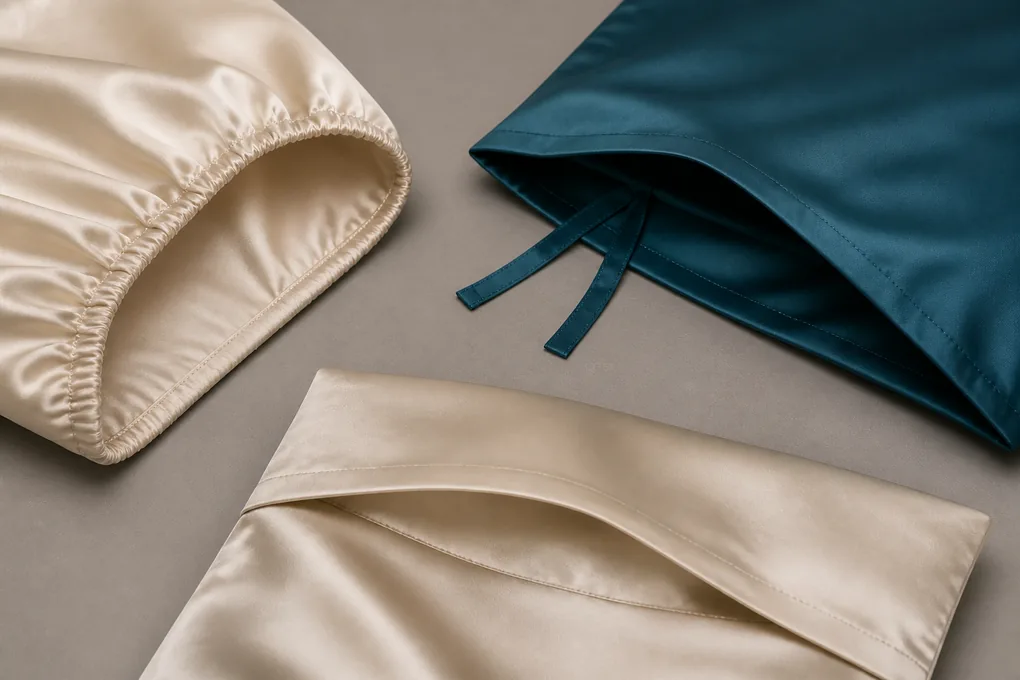 Fitted-sheet edge, duvet closure with inner tie and pillowcase closure shown as three different details