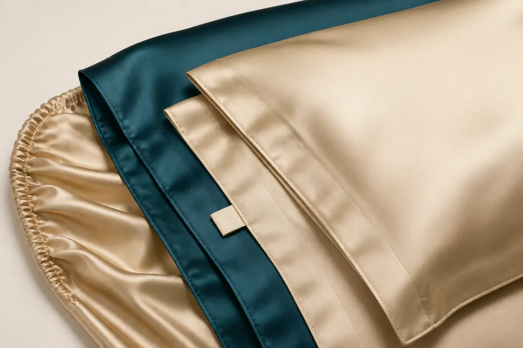 Coordinated silk pieces compared at overlapping edges beside a blank embroidery zone and plain label position