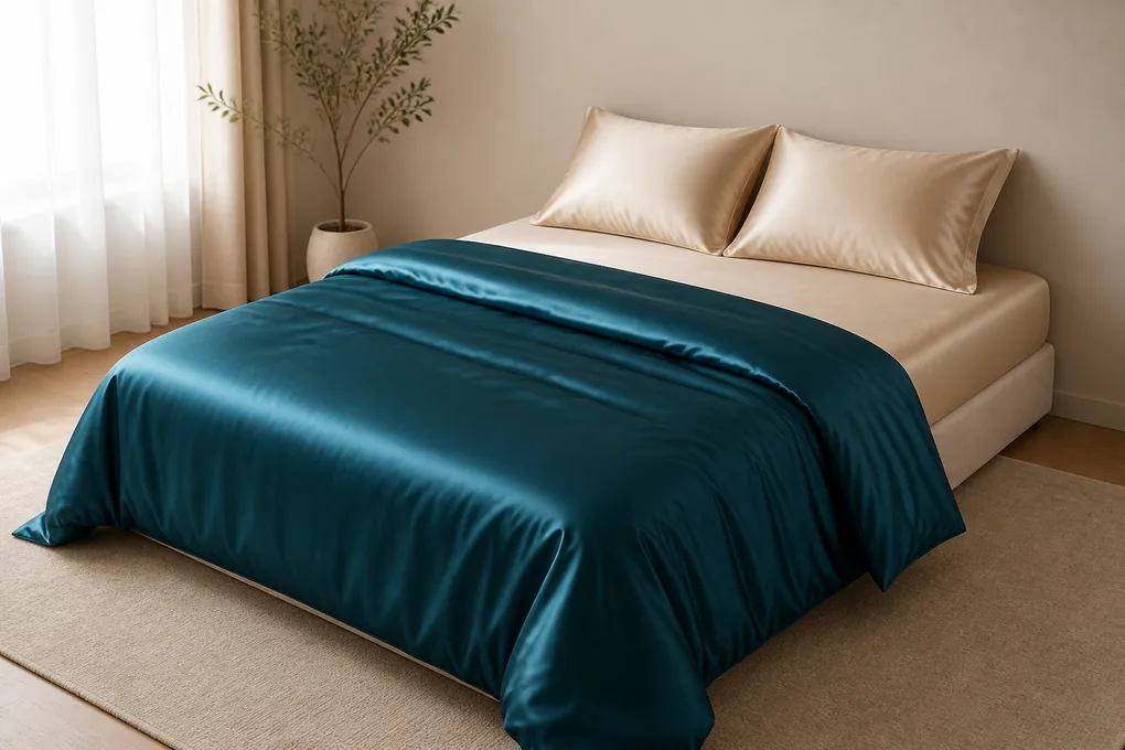A coordinated four-piece silk bedding set installed on a bed with all components visually countable