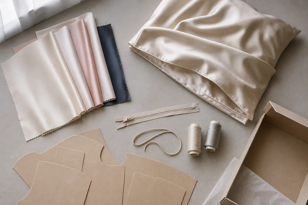 Silk swatches, a pillowcase prototype and construction components arranged on a product development worktable