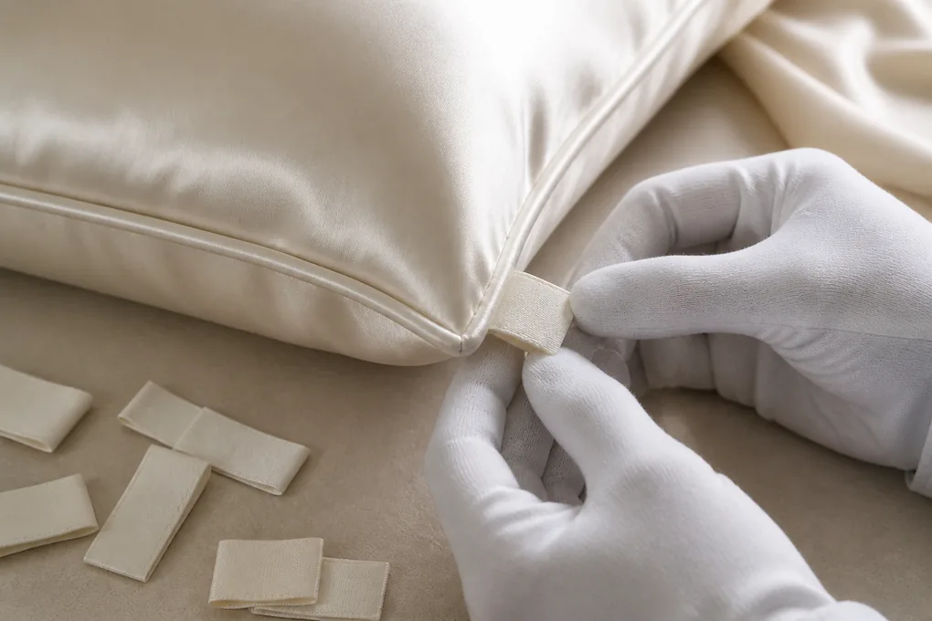 Blank woven label tab positioned at the piped seam of a silk pillowcase prototype