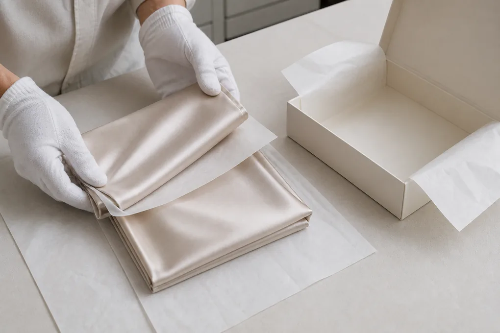 Gloved hands folding a silk pillowcase with protective tissue beside an open unit box