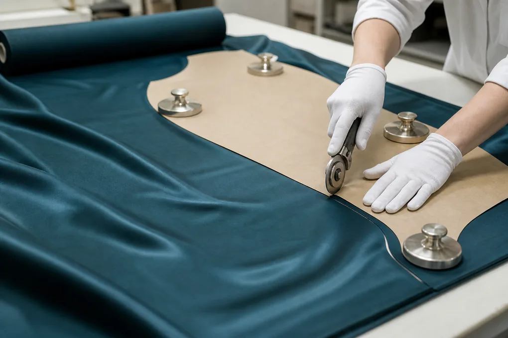 Teal silk held by smooth pattern weights while a rotary cutter follows a paper pattern