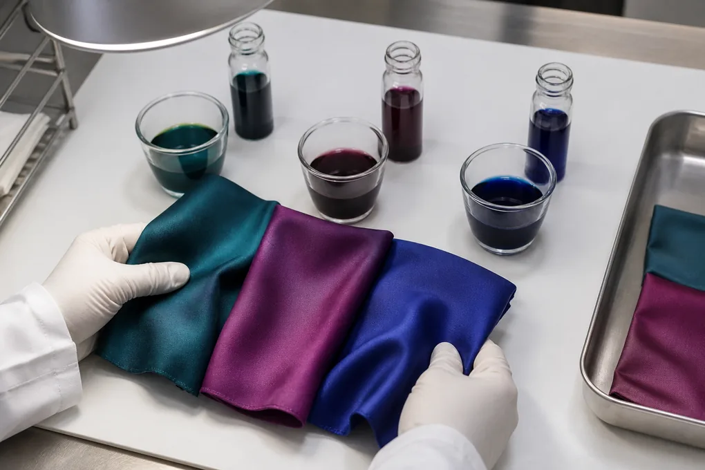 Dyed silk swatches compared with separate glass dye samples on a textile laboratory bench