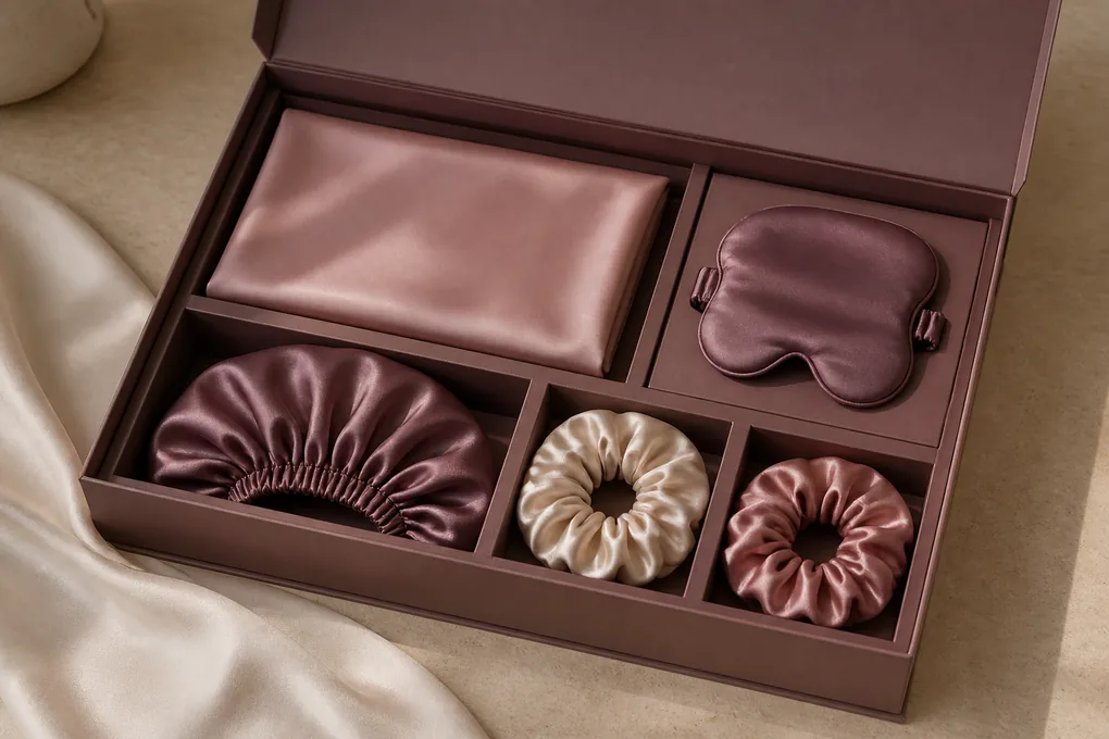 Silk pillowcase, sleep mask, bonnet and scrunchies fitted into separate gift-box compartments