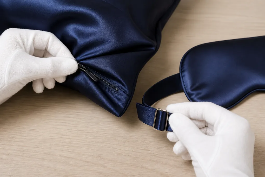 Concealed pillowcase zipper and adjustable silk sleep mask strap checked with gloved hands