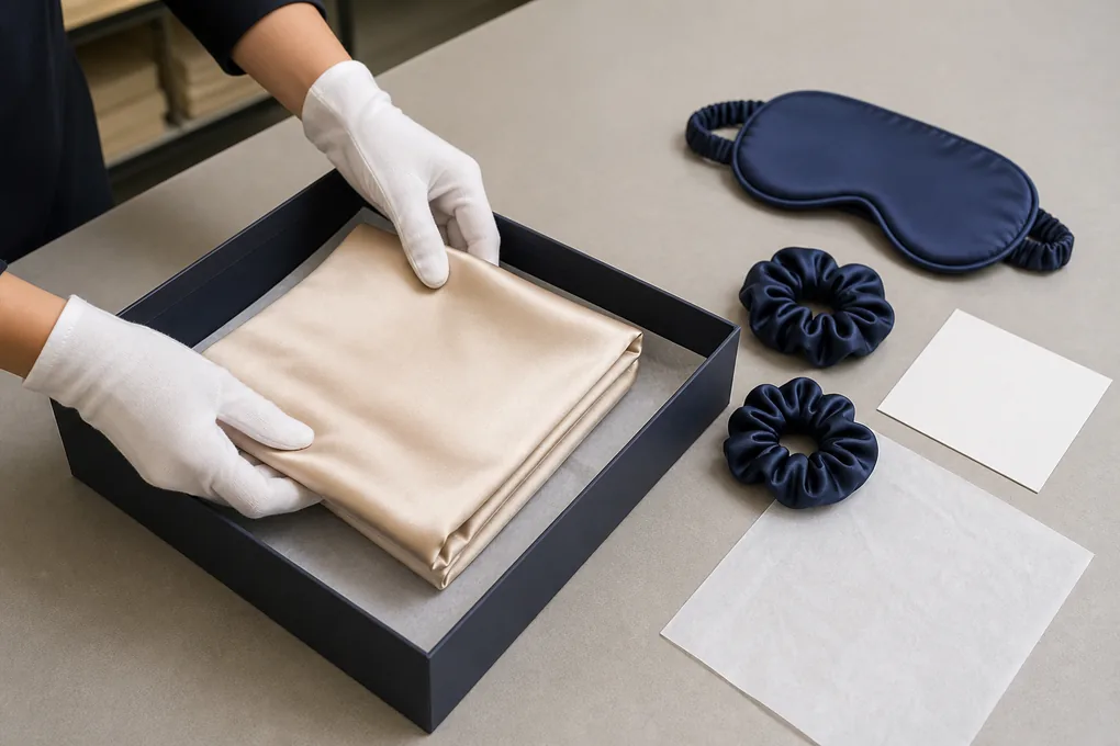 Silk pillowcase placed into a gift box beside a sleep mask, scrunchies and protective tissue