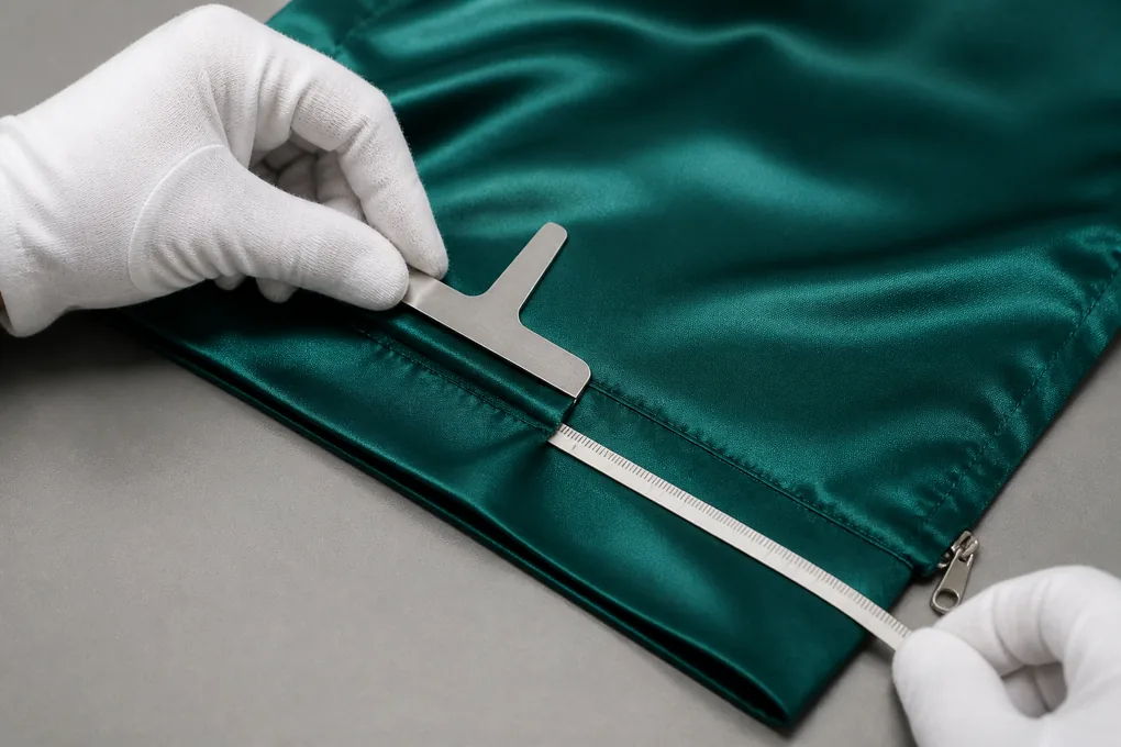 Finished silk pillowcase edge and flange checked with a seam gauge and measuring tape