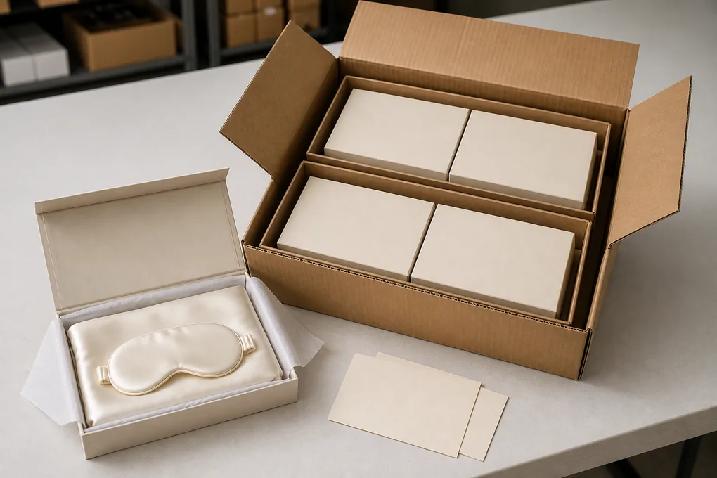 Silk pillowcase and eye mask unit box shown with inner trays and an outer shipping carton