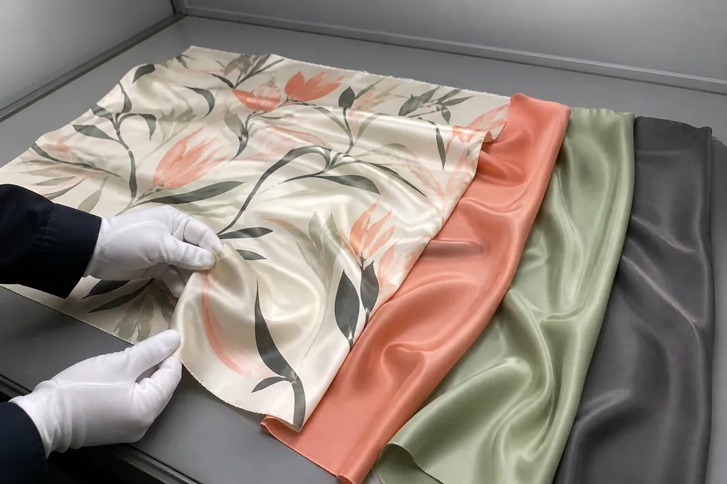 Printed silk strike-off compared with coral, sage and charcoal solid-color silk swatches
