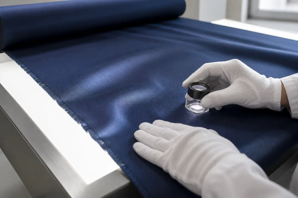 Midnight-blue silk roll inspected with a loupe on an illuminated fabric-checking table