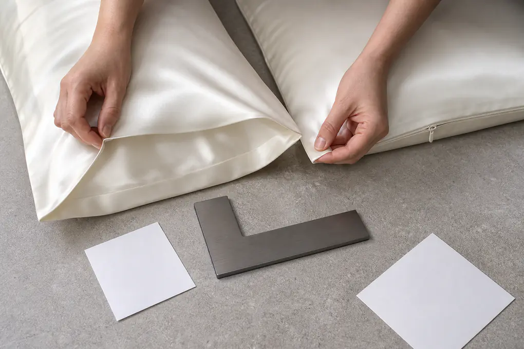 Anonymous hands compare envelope and concealed-zipper closures on two ivory silk pillowcases