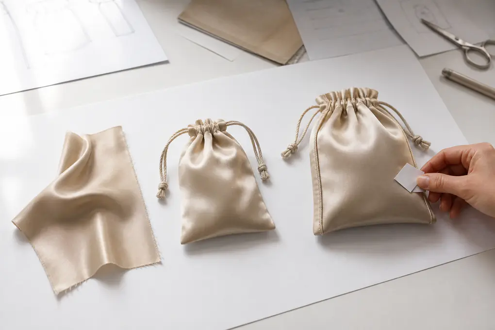 Silk swatch and two drawstring pouch prototypes arranged as a sample revision sequence