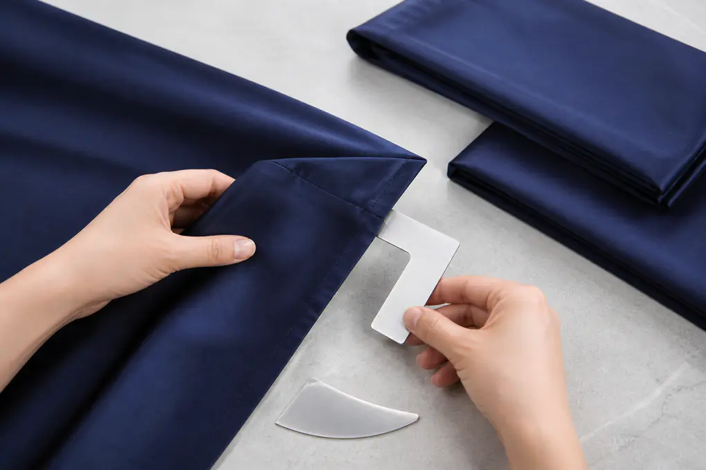 Anonymous hands check a navy silk pillowcase seam with an unmarked metal template