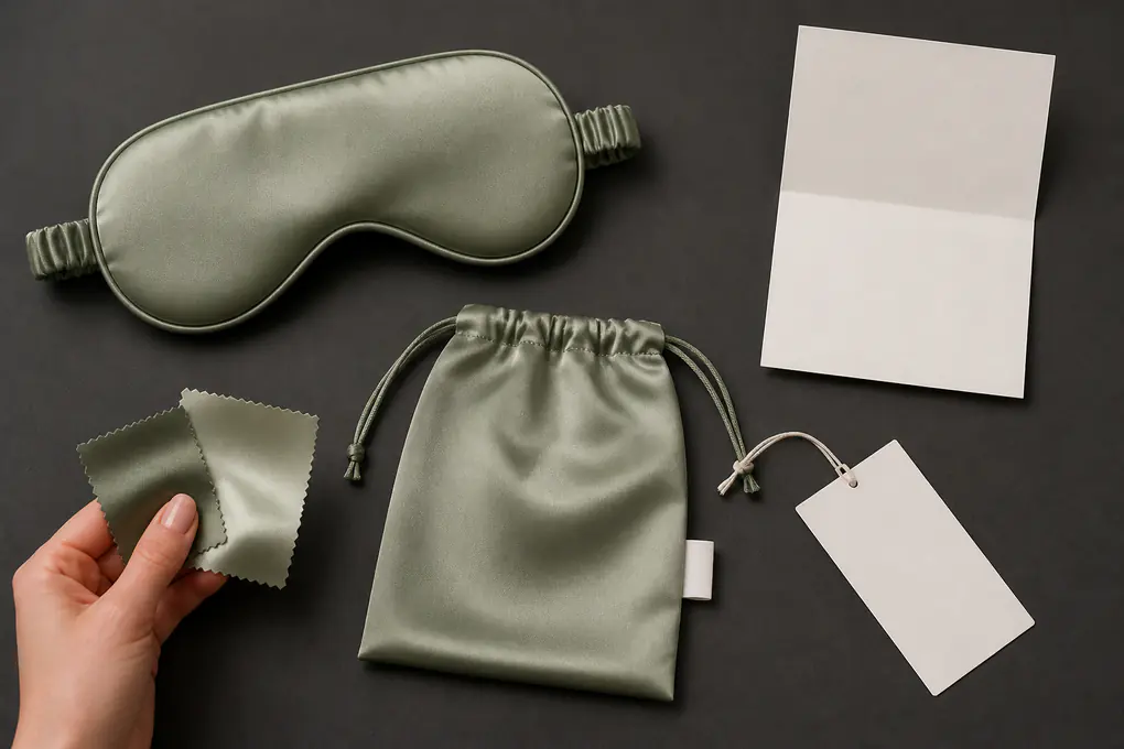 Sage silk sleep mask and pouch arranged with blank hangtag, insert and silk label components