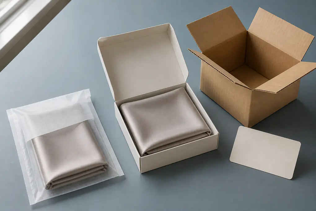 Folded silk units shown at protective sleeve, inner box and shipping carton levels