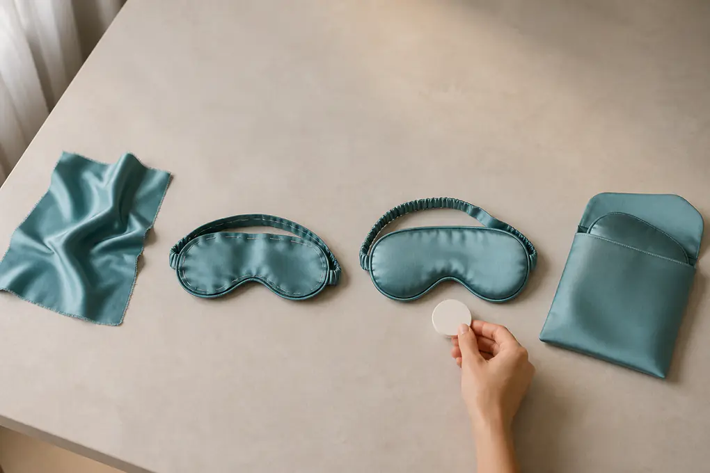 Teal silk swatch, construction trial, finished sleep mask and packed sample arranged in stages