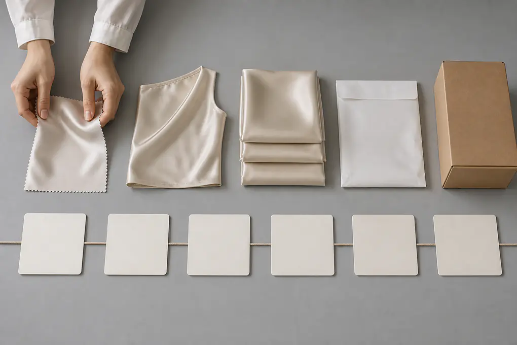 Silk swatch, sewn sample, folded units, inner pack and carton aligned above blank milestone cards