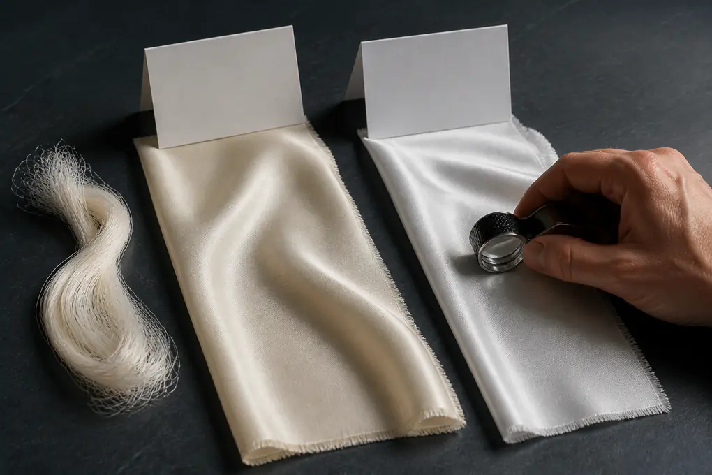 Two lustrous woven swatches reviewed under the same light with separate blank records and a loupe