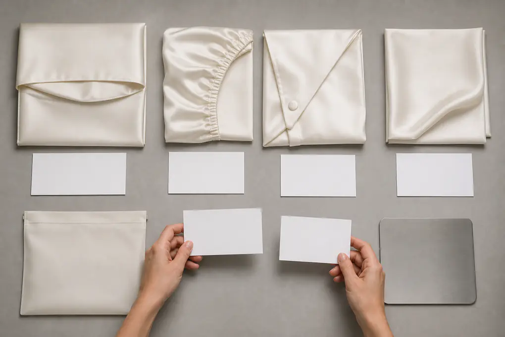 Four ivory silk bedding constructions arranged with blank component cards and an unmarked template