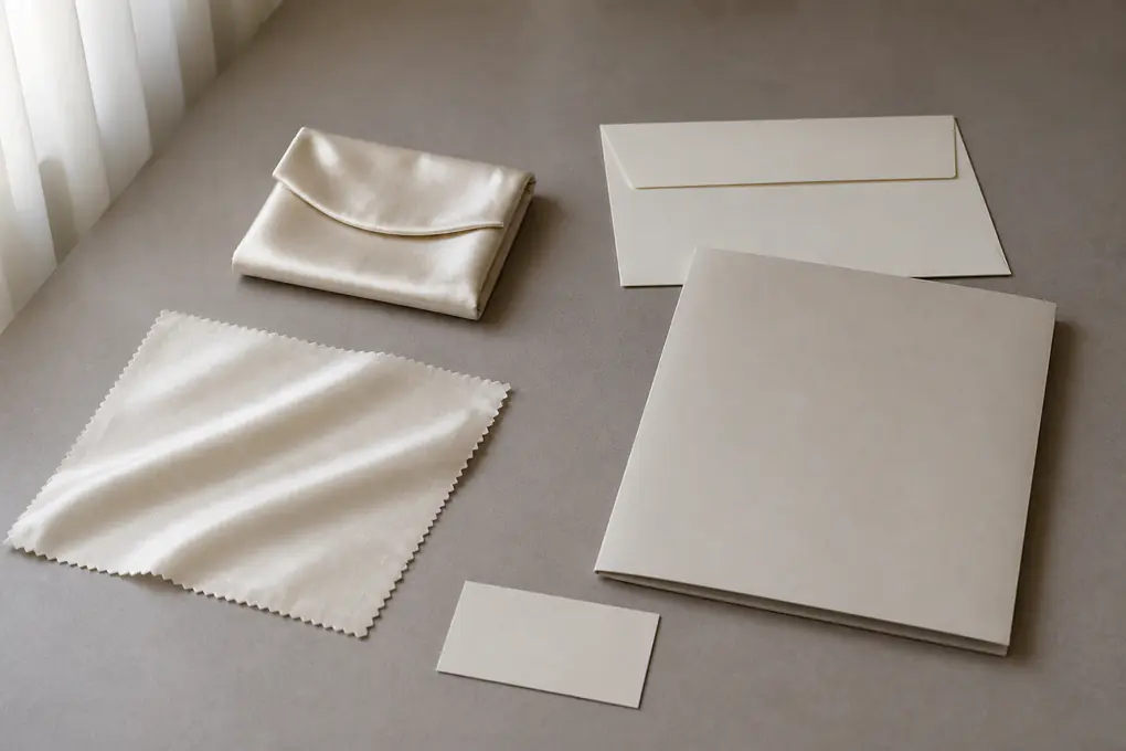 Ivory silk swatch and sample pouch separated from a closed envelope, folder and blank contact card
