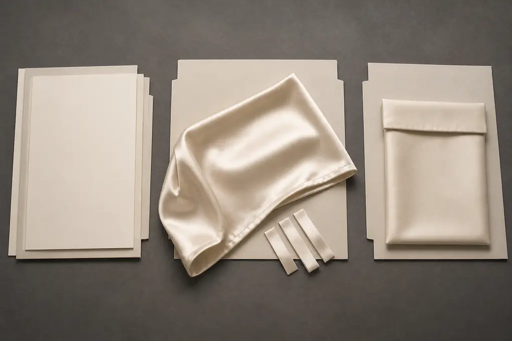 Silk pillowcase sample positioned between three separate groups of blank transaction records