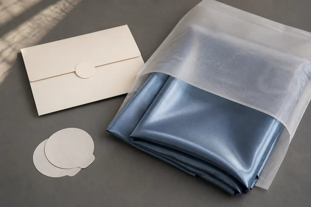 Blue silk order unit in a plain pouch beside a closed blank record envelope and removable paper tab
